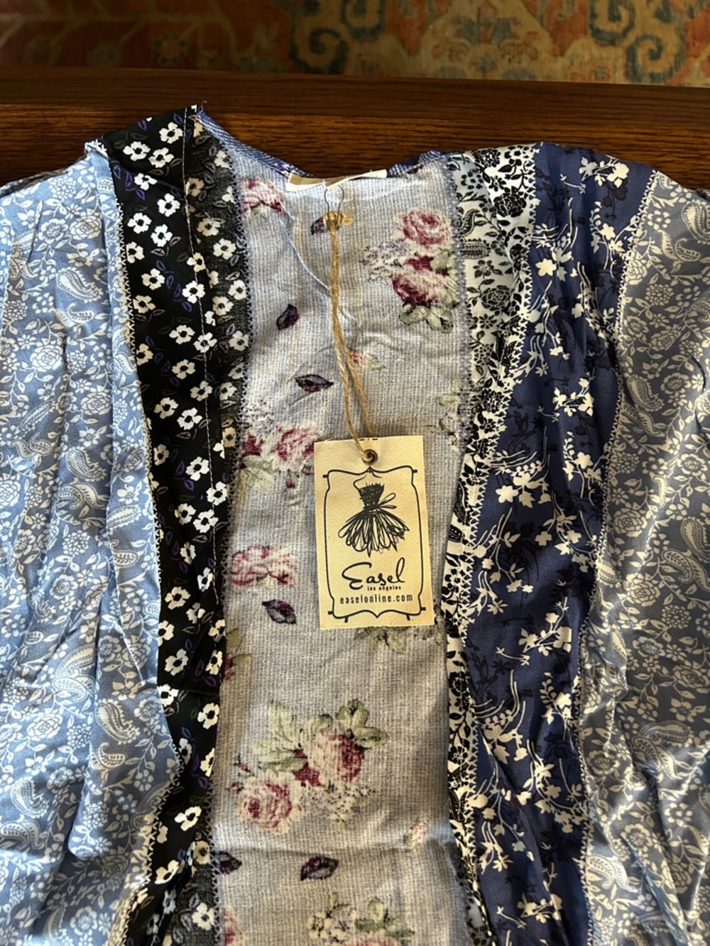 Easel Blue Multi-Pattern Open Front Kimono - Picture 3 of 4